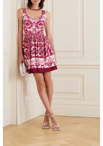 Dolce & Gabbana Majolica Silk Print Mini Dress Tris Maioliche Fuxia Pink Size AU 6