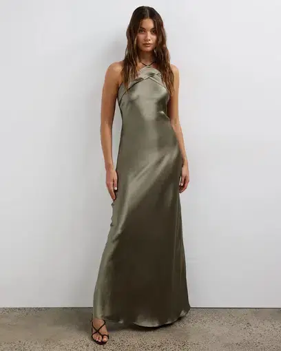 Minima Esenciales Marlo Satin Maxi Dress Olive Green Size 6