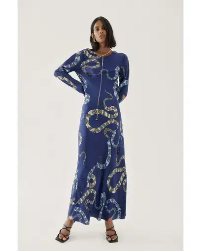Silk Laundry Full Sleeve Bias Dress Blue Snakes Size AU 8