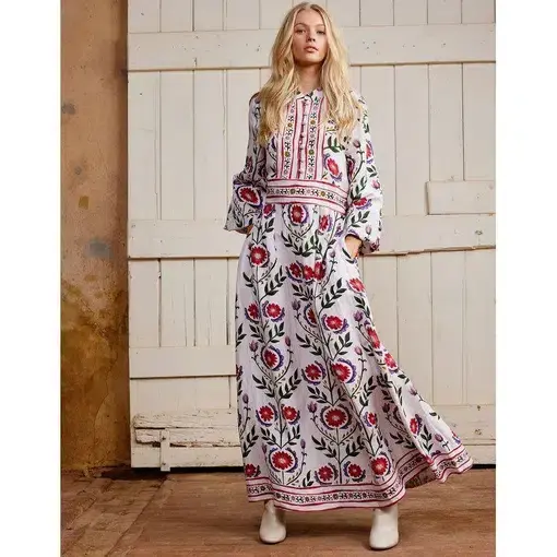Binny Veraison Linen Long Sleeve Maxi Dress Floral Size 6
