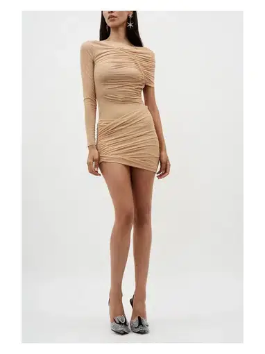 Atlein Off Shoulder One Sleeve Draped Dress Nude Size 8