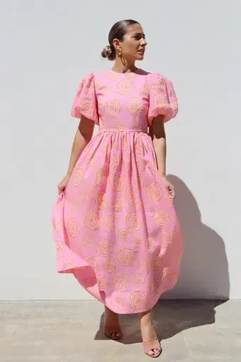 Isabella Longginou Peony Puff Sleeve Dress Pink Size AU 12