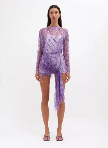 Christopher Esber Encased Beaded Ivy Lace Long Sleeve Mini Dress Grape Size 8