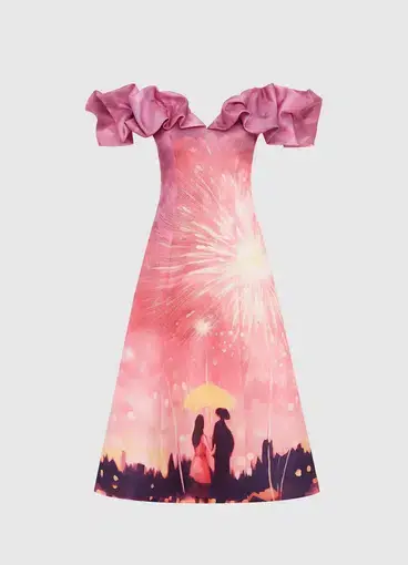 Leo Lin Annie Off Shoulder Frill Midi Dress in Afterglow Print Size 8