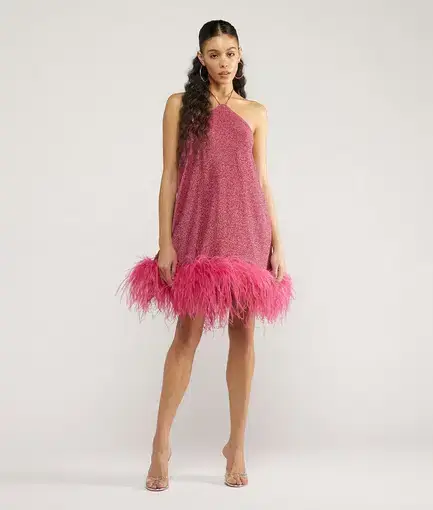 Oseree Lumière Plumage Necklace Short Dress in Raspberry Size S/M