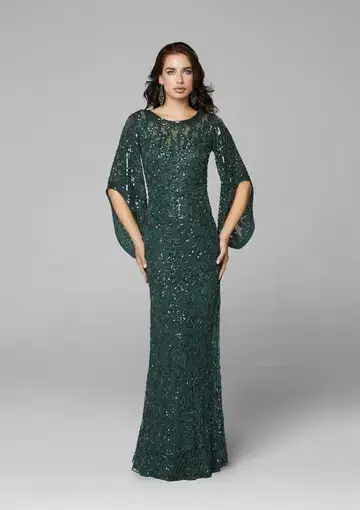 Primavera Couture 9713 Sheer Back Sequin Evening Dress Forest Green Size 12