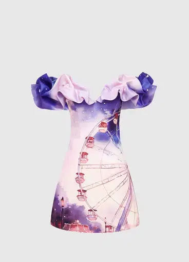 Leo Lin Bella Off Shoulder Frill Mini Dress in Fairground Print Size 8