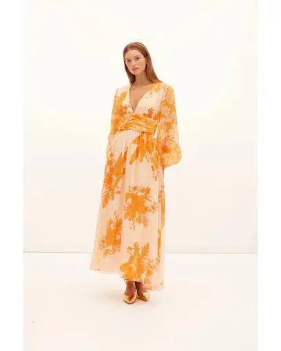 Kate Ford Hester Ruched Gown Orange Print Size AU 12