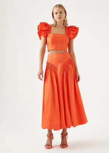 Aje Imagination Frill Sleeve Top and Yves Midi Skirt Set Orange Size 10