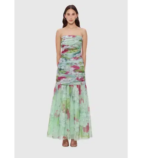 Leo Lin Natalie Ruched Midi Dress - Swallow Print in Tranquility Size AU 8