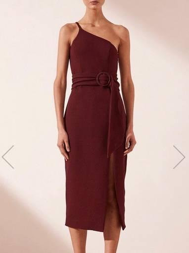 Shona Joy Andrea One-Shoulder Fitted Midi Dress Burgundy 6