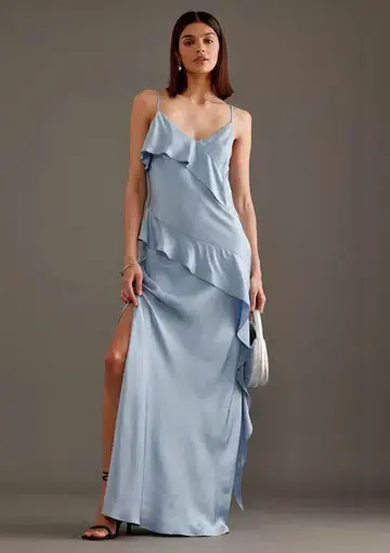 Anthropologie Asymmetric Ruffle Maxi Slip Dress Blue Size 10