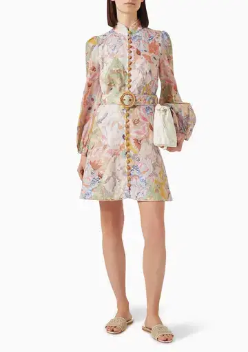 Zimmermann The Illustration Belted Mini Dress in Multi Floral Diamond Size 3 / AU 14