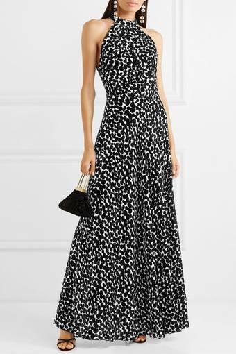 Raquel Diniz - Giovanna printed velvet halterneck gown in Black/white, Size 6