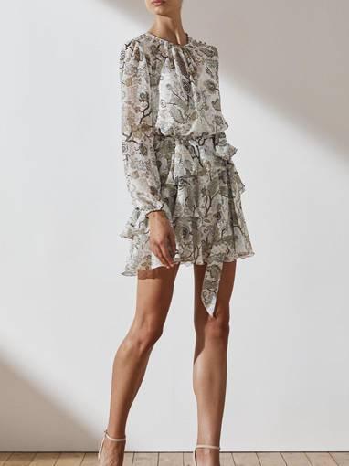 Shona Joy Quinn Ruffle Shift Mini Dress in Ivory & Multi size 6