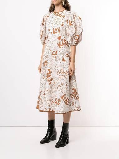 Zimmermann Linen Day Midi Dress in Tan Graffiti Print Size 1 / Au 10