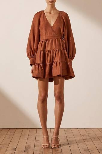 Shona Joy Elsa Linen Mini Wrap Dress Brown Size 6