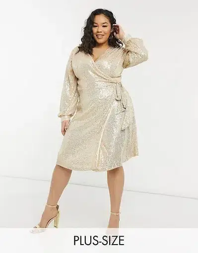 Chi Chi London Plus sequin wrap tie dress in light gold