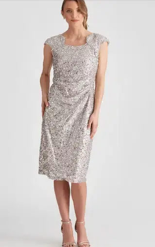 Liz Jordan After Dark Sequin Tuck Dress Silver Size 18