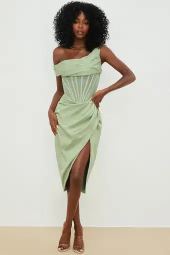 House of CB Lulu Asymmetric Drape Corset Midi Dress Green Size 8 