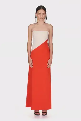 Aaizel Strapless Two Tone Asymmetrical Line Maxi Dress in Cream/Tangerine