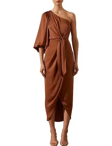 Shona Joy Luxe Tie Front One Shoulder Dress Mocha Brown Size 12