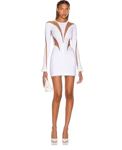 Mugler Logo Plaque Sheer Panel Dress White Size 8