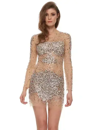 Jovani 7757 Sheer Cocktail Long Sleeve Mini Dress Crystal Beaded Size 8