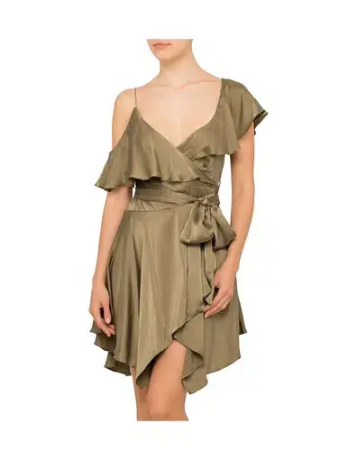 Zimmermann Sueded Asymmetrical Wrap Mini Dress Khaki Size 8