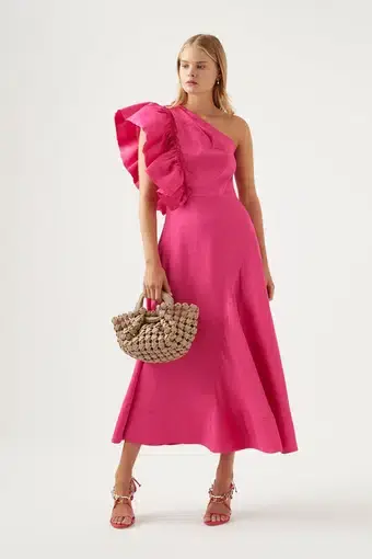 Aje Bonjour Asymmetric Midi Dress Fuchsia Pink Size 8 / S