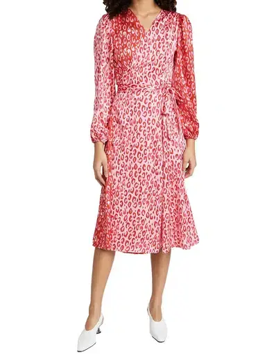 Never Fully Dressed Long Sleeve Leopard Wrap Dress Pink/Red Size 10  