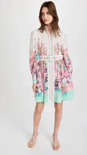 Zimmermann Jude Buttoned Mini Dress Aqua Gradient Floral Size 0/Au 8