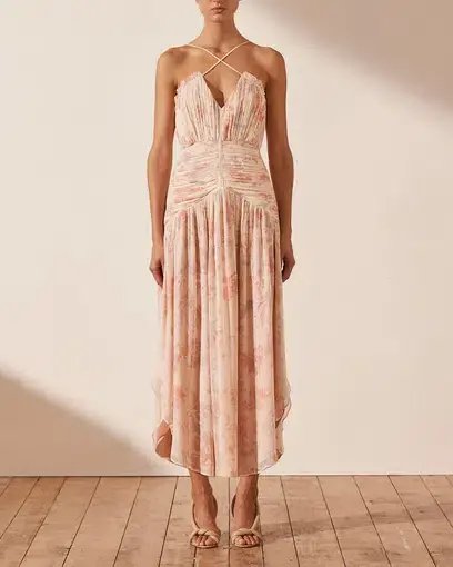 Shona Joy Faye Cross Front Midi Dress Blush & Multi Size 12