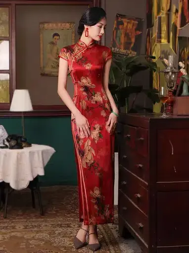 Beth & Brian Qipao 19 Mome Silk High End Long Qipao Mulberry Floral Size M / Au 8