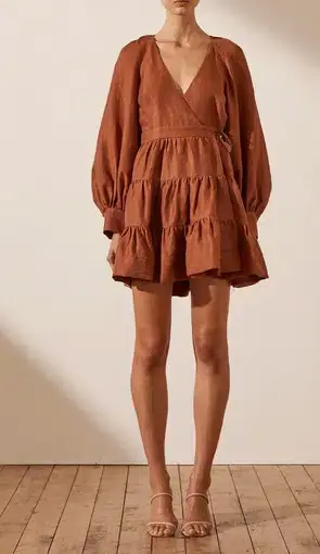 Shona Joy Elsa Linen Mini Wrap Dress Brown Size 8