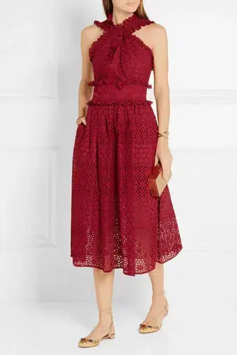 Oscar De La Renta Eyelet Broderie Anglaise Cotton Midi Dress Red Size 8/AU 12