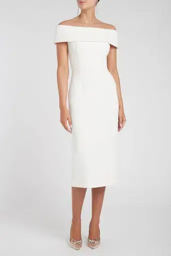 Rebecca Vallance Amore Off Shoulder Midi Dress Ivory Size 8