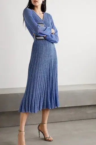 Missoni Wrap Effect Metallic Crochet Knit Midi Dress Blue Size 10