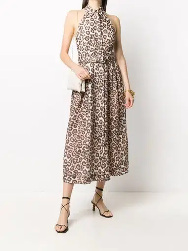 Zimmermann Bonita Belted Linen Halterneck Midi Dress Leopard Print Size 2 / Au 12