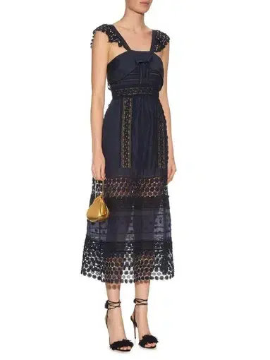 Self Portrait Bluebell Lace Insert Midi Dress Navy Size 10