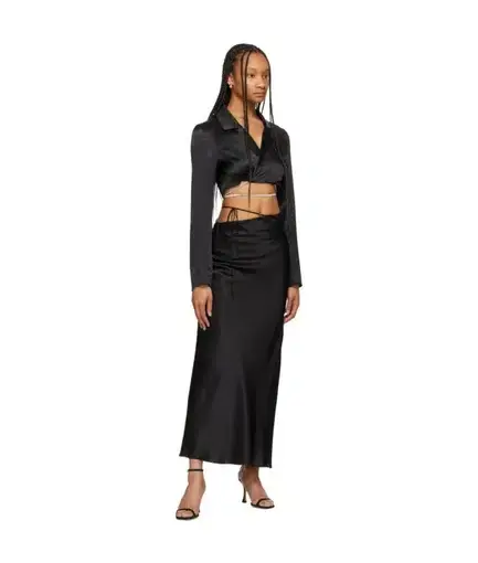Michael Lo Sordo Crystalline Silk Crop Shirt and Bias Slip Skirt Set Black Size 8