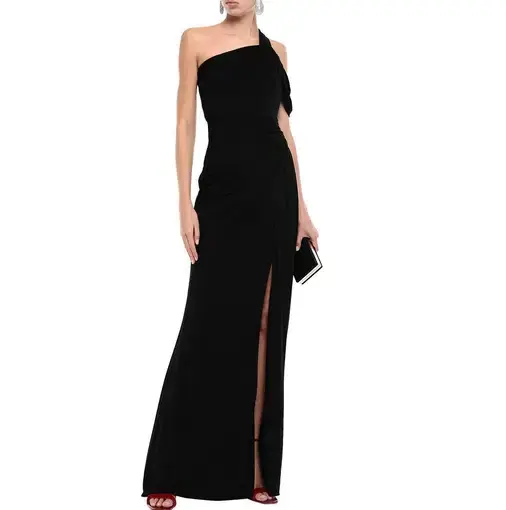 Badgley Mischka One-Shoulder Ruched Stretch Jersey Gown Black Size XS/Au 6 