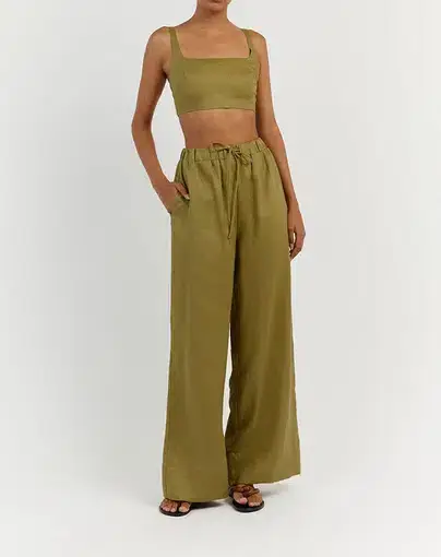 Dissh Penny Linen Crop Top Size 10 and Gina Linen Elastic Waist Pant Size 6 Set Olive