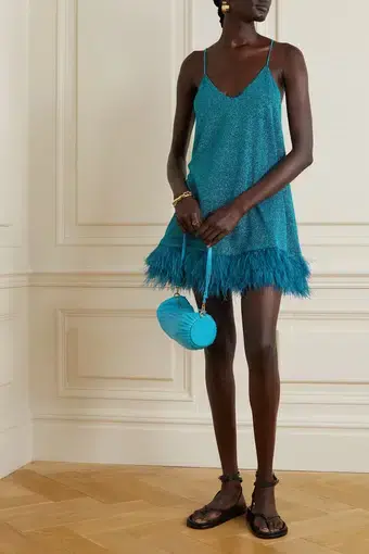 Oseree Lumière Feather Trimmed Stretch Lurex Mini Dress Azure Size 8