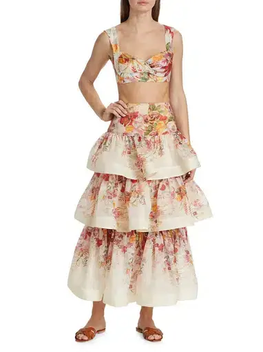 Zimmermann Wonderland Bralette and Tiered Skirt in Elka Poppy Ivory Print Size 1/Au 10 