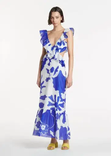 Sir the Label Vivi Frill Maxi Dress Blue Print Size 1/AU 8