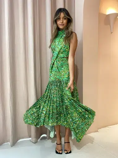 Alemais Phyllis Twist Front Pleat Dress in Acid Green Size 10