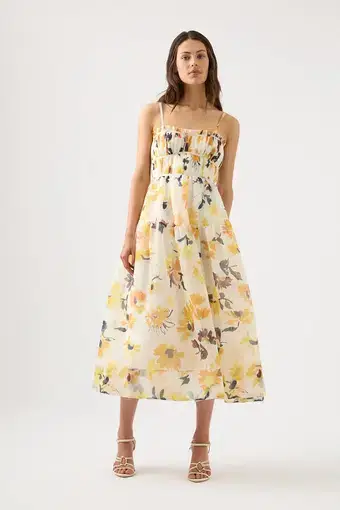 Aje Botanica Cross Back Sunflower Midi Dress Floral Size 4