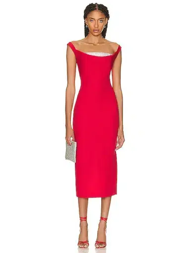 Roland Mouret Off Shoulder Diamante Midi Dress Red Size 12