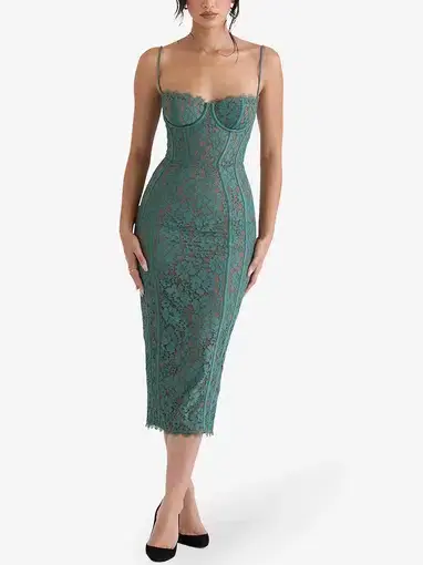 House Of Cb Joelle Forest Lace Midi Dress Green Size 8